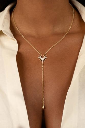 Lariat Gold Necklace for Women, Dainty Long Necklaces 14k Gold Plated Y-Shaped Layered Drop Necklaces for Women Trendy Simple Gold Jewelry for Prom Vacation Gifts - color: Sun Necklace-Gold