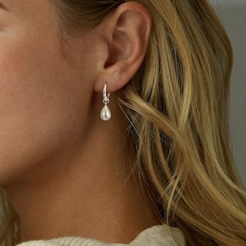 Robaice Pearl Earrings for Women, 14K Gold Plated Dangle Drop Earrings | Small Pearl Drop Huggie Hoop Earrings, Hypoallergenic Dainty Gold Earrings, Wedding Jewelry Gifts for Women Trendy - style: silver drop pearl earrings
