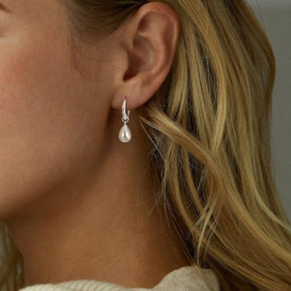 Robaice Pearl Earrings for Women, 14K Gold Plated Dangle Drop Earrings | Small Pearl Drop Huggie Hoop Earrings, Hypoallergenic Dainty Gold Earrings, Wedding Jewelry Gifts for Women Trendy - style: silver drop pearl earrings