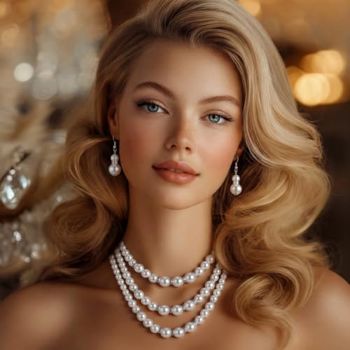 Glenmal Pearl Rhinestone Jewelry Set for Women Pearl Necklace Bracelet Earrings for Wedding Halloween Bridal Shower Tea Party - style: Classy Style