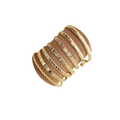 IFKM Gold Bangle Bracelets For Women, 14k Gold Plated Multi Layer Stackable Cuff Bracelet Set, Trendy Elegance Charms Non Tarnish Minimalist Textured Boho Jewelry Gift for Women - style: 7pcs Hexawn star twist