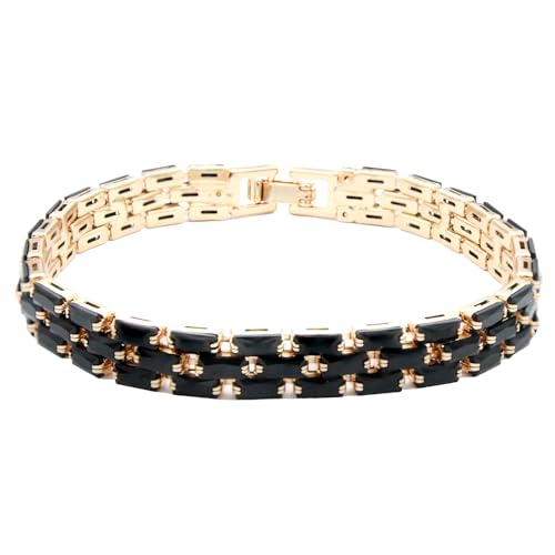 Tennis Bracelet, 13mm Width, Black Cubic Zirconia, Gold Plated Brass, 7 Inch Length, 11 Grams - color: Gold Black