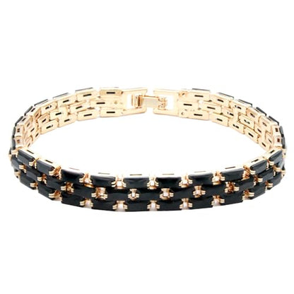 Tennis Bracelet, 13mm Width, Black Cubic Zirconia, Gold Plated Brass, 7 Inch Length, 11 Grams - color: Gold Black