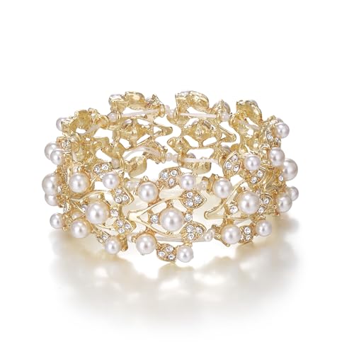 Crystal Cream Faux Pearl 1920s Vine Leaf Wedding Stretch Bracelet for Women | White Rhinestone Bridal Prom Jewelry - color: Gold-Plated-Base
