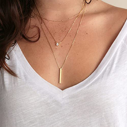 Tewiky Dainty 14k Gold Plated/Silver Cubic Zirconia Necklaces for Women, Simple CZ Jewelry Necklaces Trendy Gifts - color: Gold three layer bar CZ