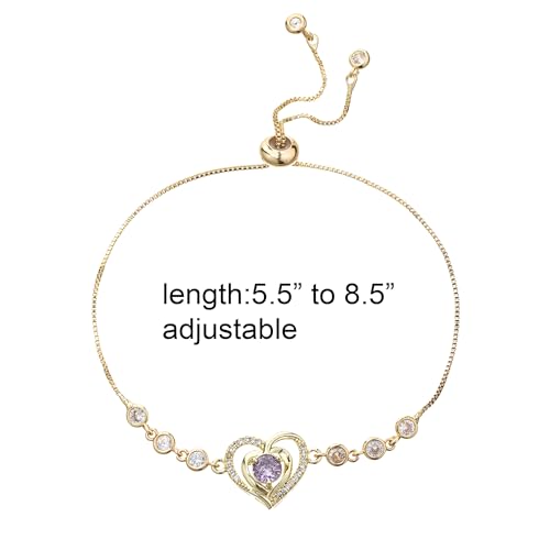 14K White Gold Plated Heart Bracelet for Women, Zircon Inlay Love Heart Charm Chain Bracelet Bangle with Adjustable Length - color: gold-purple