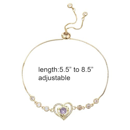14K White Gold Plated Heart Bracelet for Women, Zircon Inlay Love Heart Charm Chain Bracelet Bangle with Adjustable Length - color: gold-purple