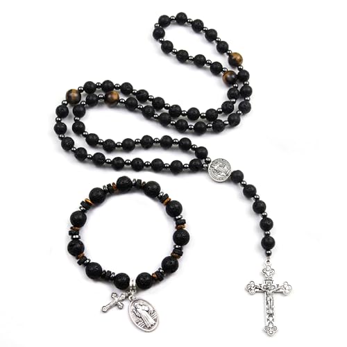 Rosary for Men Women, Natural Stone Beads with St. Benedict Bracelet | 8 mm Natural Stone Prayer Beads with 10 mm Accent Beads, St. Benedict Crucifix, Matching Bracelet, Gift Box and Pouch. - color: Lava Rocks