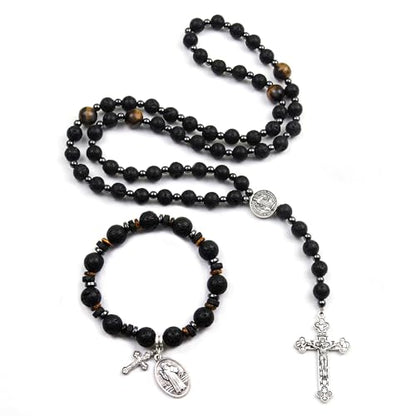 Rosary for Men Women, Natural Stone Beads with St. Benedict Bracelet | 8 mm Natural Stone Prayer Beads with 10 mm Accent Beads, St. Benedict Crucifix, Matching Bracelet, Gift Box and Pouch. - color: Lava Rocks