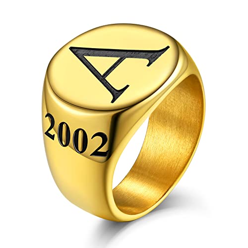 KeyStyle Stainless Steel Signet Rings Personalized for Men, Womens Custom Engraved Round Pinky Ring, Cool Ring Biker Rings Peronalised Gifts for Father Husband Mother (Size 7-13) - color: Gold