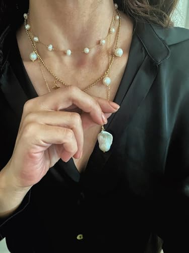PEARLADA 18k Gold Plated Chain Long Necklace, Boho Sweater Necklace for Women, Geometric Pendant Y Necklace - color: Baroque Pearl