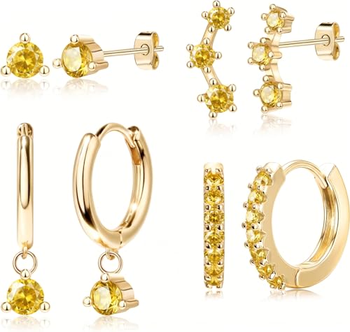 4 Pairs Stud Hoop Earrings Set for Women, Trendy Dangle Jacket Huggie Stacks for Multiple Piercing, Hypoallergenic Cartilage Jewelry Gifts - color: Gold- Champagne Cz Drop