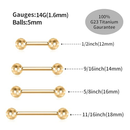 GAGABODY G23 Titanium 14G Tongue Piercing Nipple Jewelry Bridge Barbells | Internal Threaded Used in Nipple,Tongue,Bridge 14G Length from 12mm to 18mm Section Lightweight Daily Wear for Sensitive Skin - color: 1 Pair-Gold+Section Design Ball, size: 14G+9/