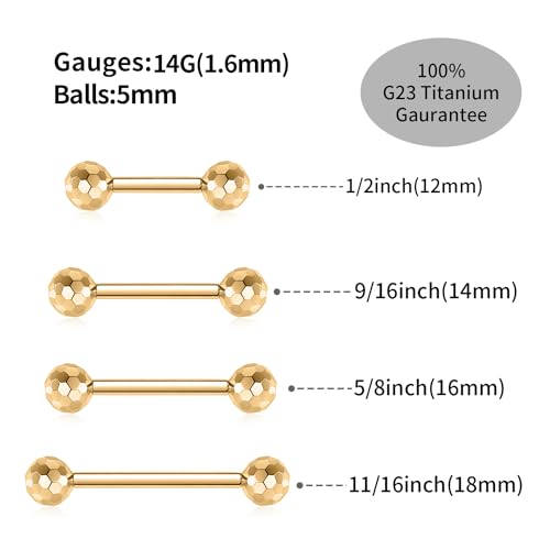 GAGABODY G23 Titanium 14G Tongue Piercing Nipple Jewelry Bridge Barbells | Internal Threaded Used in Nipple,Tongue,Bridge 14G Length from 12mm to 18mm Section Lightweight Daily Wear for Sensitive Skin - color: 1 Pair-Gold+Section Design Ball, size: 14G+1/