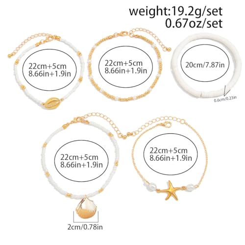 3PCS Boho Anklets for Women Summer Beach Women's Ankle Bracelets Beaded Anklet Bracelet Waterproof Beach Anklets Shell Starfish Anklet Foot Chain Jewelry for Women - color: 5PCS/styleA