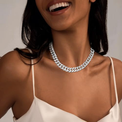 Zeffy 14K Gold/Silver Plated Chunky Thick Chain Toggle Clasp Necklace Dainty Baroque Pearl/Heart/Cross/Turquoise Pendant Necklace - color: Silver Diamond Cuban Link