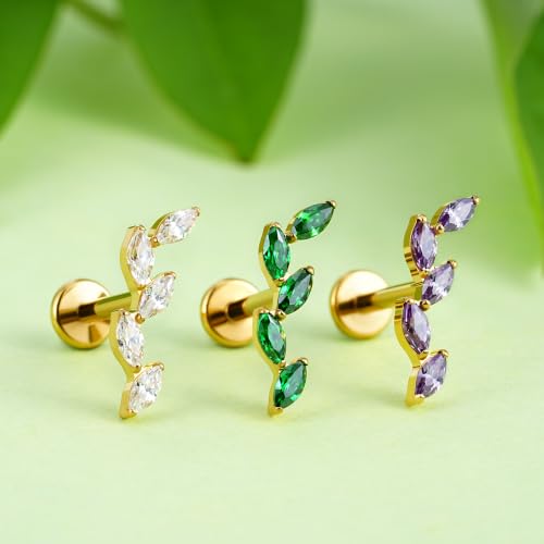 FINE4U 16G CZ Cluster Climber Cartilage Earring for Helix, Tragus - ASTM F136 Titanium Triple Marquise Labret Stud, Screw on Nickel Free Flat Back Jewelry - color: Five Marquise - Green CZ - Gold