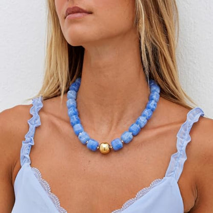 Chunky Colorful Beaded Choker Necklace for Women, Summer Beach Statement Resin Beads Necklace, Trendy Womens Summer Beach Jewelry Birthday Gifts for Vacation Holiday - color: Square Sky Blue Bead