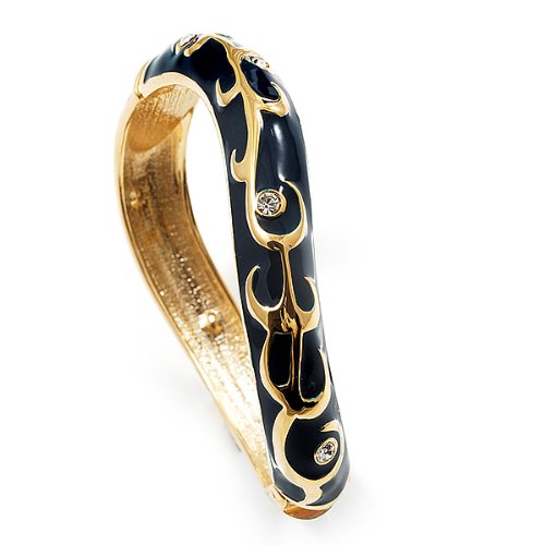 Avalaya Navy Blue Enamel Curvy Crystal Hinged Bangle (Gold Tone Finish)