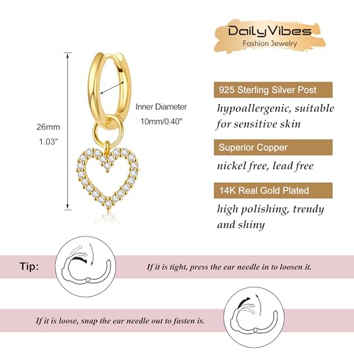 DAILY VIBES Cute Butterfly Star Cross Heart CZ Dangle Earrings for Women | 925 Sterling Silver Post, 14K Gold or Silver Plated, Mini Cubic Zirconia Dainty Drop, Cartilage Small Huggie Hoop Earrings - color: Gold Heart CZ