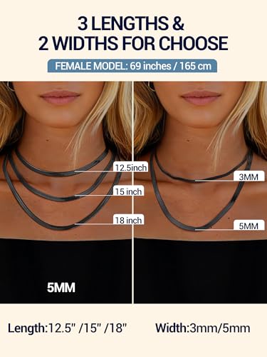 PROSTEEL 3mm/5mm Herringbone Choker Necklace for Women, 12.5"/15"/18", Stainless Steel/Sterling Silver Flat Snake Chain in Silver/Yellow Gold/Rose Gold/Black, Come with Box - color: 5mm-Black Plated, size: 12.5 Inch