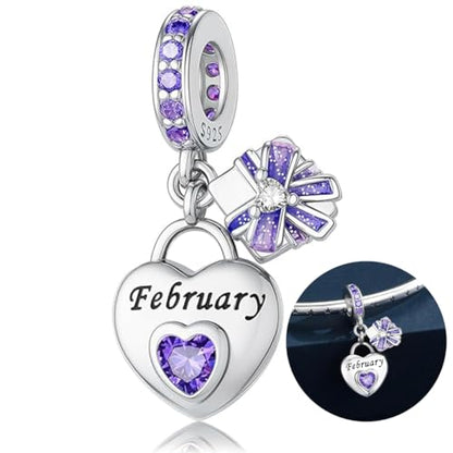 Love Heart Birthstone Dangle Charms Compatible with Pandora Bracelets | 925 Sterling Silver 5A Cubic Zirconia Mother's Day Christmas Birthday Birthstone Gifts Bead Charm Pendants Women Jewelry - color: February Dangle Birthstone Charms