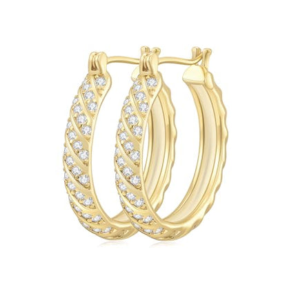 14K Gold Hoop Earrings for Women 14K Gold Earrings Jewelry Spiral Cubic Zirconia Thick Hoops Hypoallergenic Womens Huggie Earring 20/25/30/35MM - size: 30MM