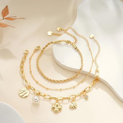 3PCS Charm Gold Bracelets for Women Non Tarnish,14k Plated Gold Bracelet Stack Cute Dainty Stackable Trendy Bow Cross Clover Bracelets Set Tarnish Free Gold Jewelry for Women Gifts - color: Three-Gold