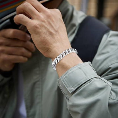 Mens Bracelet-Stainless Steel Fold Over Clasp Cuban Chain-Bracelets for Men - color: E-Silver