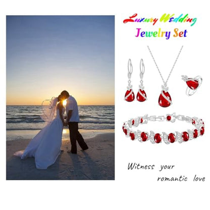 LMXXVJ Jewelry Set for Women,Teardrop Cubic Zirconia Necklace Earrings Adjustable Ring Bracelet Jewelry Set Formal Jewelry Gift - color: SYSD-White Gold-Ruby Red
