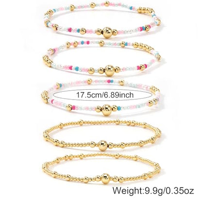 14K Gold Plated Beaded Bracelets Stack Set for Women,Stretch Boho Ball Jewelry Friendship Trendy - color: Pink ball