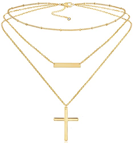 Fiusem Gold Plated Layered Necklaces for Women, Dainty 14K Gold Plated Pendant Necklace and Choker Necklaces for Women - style: B-Layered Cross