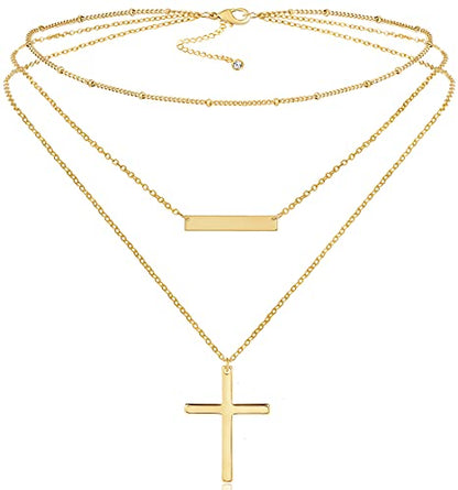Fiusem Gold Plated Layered Necklaces for Women, Dainty 14K Gold Plated Pendant Necklace and Choker Necklaces for Women - style: B-Layered Cross