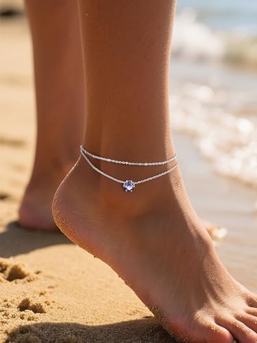 U7 Silver Ankle Bracelet for Women, Waterproof Layered Ankle Round Gem Birthstone Anklets, Summer Beach Foot Jewelry, Adjustable 8.5"-10.5" - color: 06.June-Alexandrite Purple