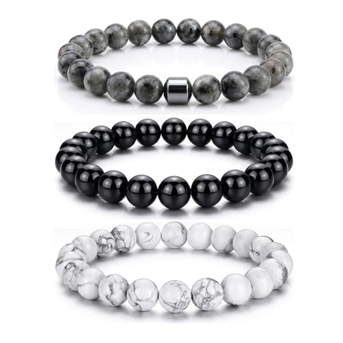 Natural Stone Beaded Bracelet for Men Women Boho Adjustable - color: Classic Stone 3-Piece Set