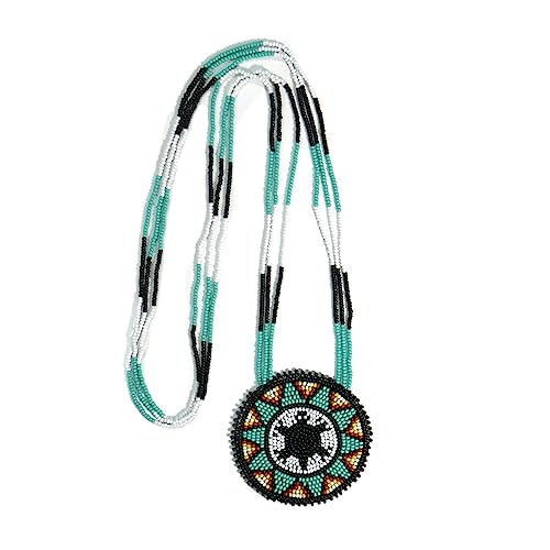 Handmade Native American Style Tribal ethnic Seed Bead Beaded Layered Medallion Necklace - color: Turtle - Turquoise