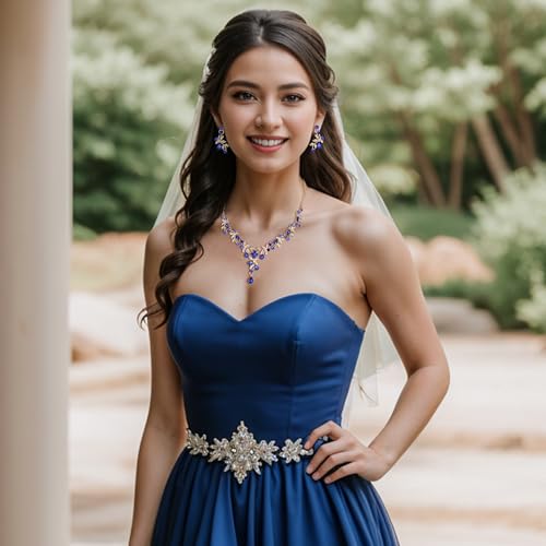 BriLove Wedding Jewelry Set for Women Bride, Y-Necklace Dangle Earrings Crystal Teardrop Leaf Flower Cluster Bridal Bridesmaid - color: 03-Blue