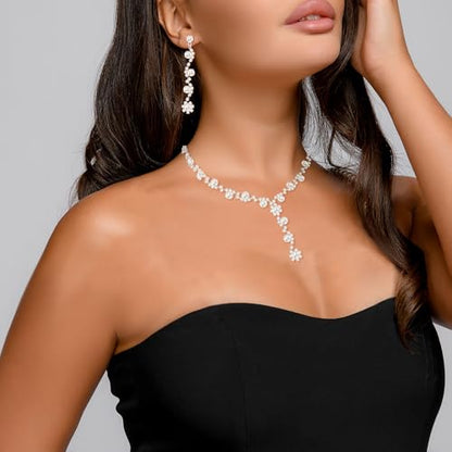 Crysdue Women's Wedding Bridal Jewelry Set for Brides Bridesmaids Cubic Zirconia Flower Leaf Vine Necklace Dangle Earrings for Prom Party - style: 27-silver