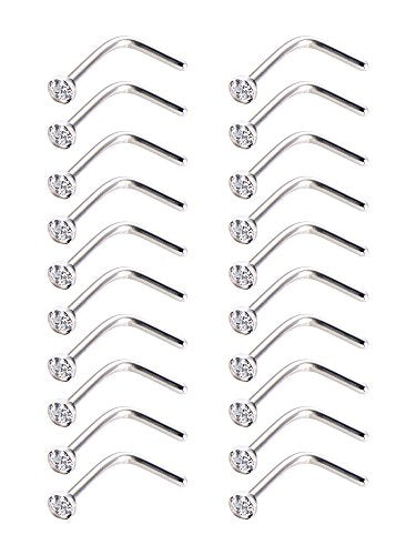 Mudder 20 Pieces Curved Nose Stud Stainless Steel Nose Ring Crystals L Bend Nose Screw Piercing, 20 Gauge - color: White