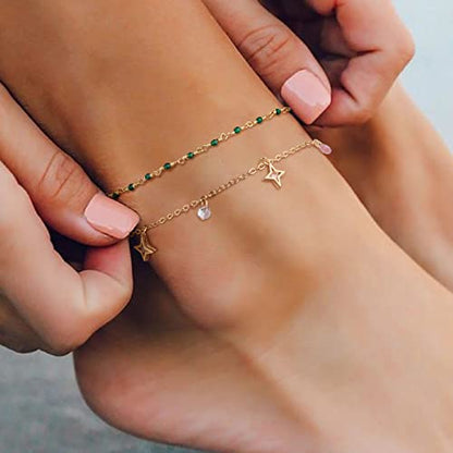 Gold Anklets for Women 14K Gold Plated Tiny Bead Anklet Colorful Tassel Foot Chain Dainty Adjustable Cute Summer Beach Boho Anklets Jewelry Gift - color: colorful star tassel