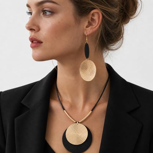 Statement Necklace and Earrings Set – 2PCS Gold Silver Chunky Geometric Pendant Jewelry with Snake Chain, Asymmetrical Ellipse Y-Necklace Metallic Fashion Jewelry for Women - color: D:Geometric Black Gold Set