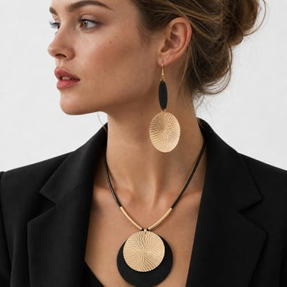 Statement Necklace and Earrings Set – 2PCS Gold Silver Chunky Geometric Pendant Jewelry with Snake Chain, Asymmetrical Ellipse Y-Necklace Metallic Fashion Jewelry for Women - color: D:Geometric Black Gold Set