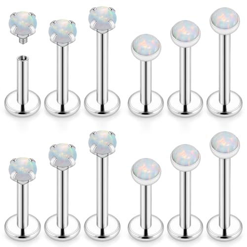 16G Internal Thread Flat Back Earrings Nose Studs 316L Surgical Steel Medusa Labret Monroe Lip Ring Tragus Forward Helix Conch Cartilage Lobe Earrings Stud Piercing Jewelry For Women Men Opal - color: White Opal, size: 16G-6MM/8MM/10MM Bar-4MM Opal