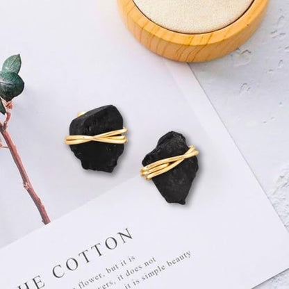 Gempires Wire Wrapped Raw Gemstone Stud Earrings for Women, Birthstone | Handmade wire-wrapped raw gemstone stud earrings — choose from stones and birthstones, artisan raw crystals on gold. - style: Black Tourmaline