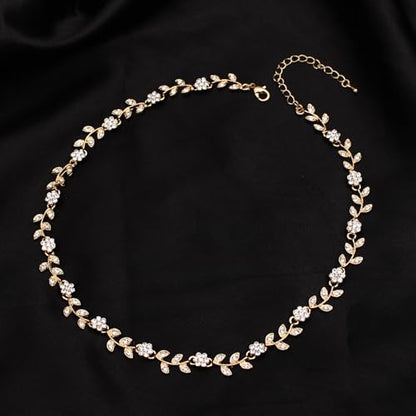 Austrian Crystal Rhinestone Choker Necklace Elegant Flower Leaf Chain Necklace Jewelry for Party Prom Costume Accessories for Women - color: White-Gold Plated