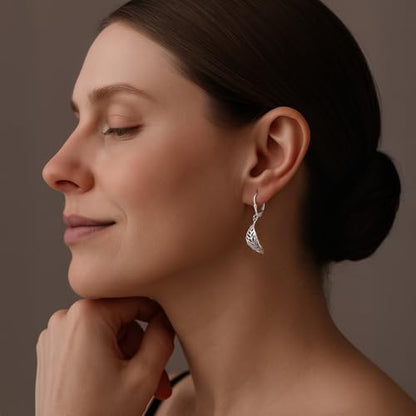 LeCalla 925 Sterling Silver Drop Earrings | Lever-Back Drop Earrings | Hypoallergenic Silver Teardrop Leverback Dangle Earring for Women Jewelry Gifts - color: Boho Leaf Drop-38MM