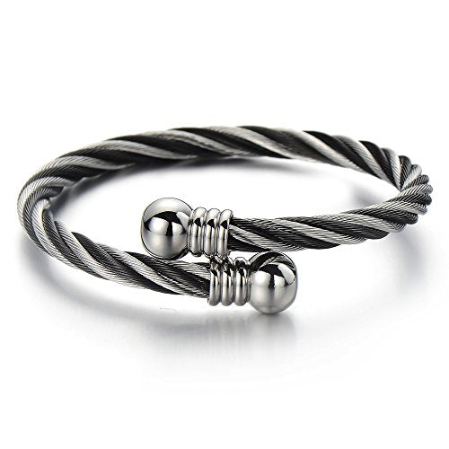 COOLSTEELANDBEYOND Elastic Adjustable Steel Twisted Cable Cuff Bangle Bracelet for Mens for Women - color: D-Metal Color: Silver & Black