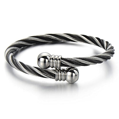 COOLSTEELANDBEYOND Elastic Adjustable Steel Twisted Cable Cuff Bangle Bracelet for Mens for Women - color: D-Metal Color: Silver & Black