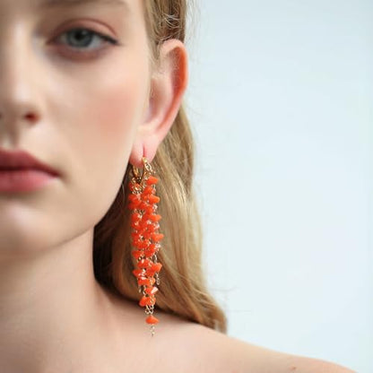 Fringe Hoop Dangle Earrings, Long Beads Tassel Chain Earrings for Women Sparkly Chandelier Earrings - color: Orange