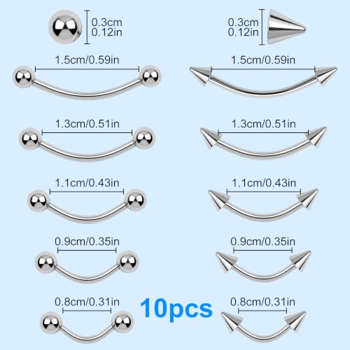 10 Pcs Eyebrow Piercing Jewelry Set – 16 g Surgical Steel Curved Barbell, Silver Vertical Labret Lip Jewelry, Tiny Eyebrow Rings Ear Rook Navel Small Belly-Button Ring for Women Men